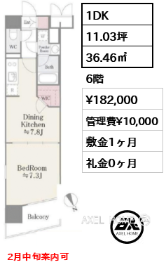 1DK 36.46㎡  賃料¥182,000 管理費¥10,000 敷金1ヶ月 礼金0ヶ月 2月中旬案内可