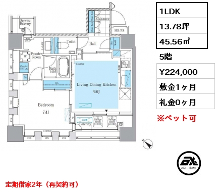 1LDK 45.56㎡ 5階 賃料¥229,000 敷金1ヶ月 礼金1ヶ月 定期借家2年（再契約可）5月下旬退去予定