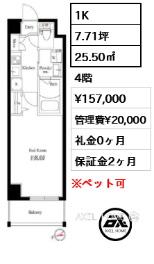 1K 25.50㎡  賃料¥157,000 管理費¥20,000 礼金0ヶ月