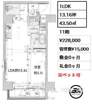 1LDK 43.50㎡  賃料¥228,000 管理費¥15,000 敷金0ヶ月 礼金0ヶ月