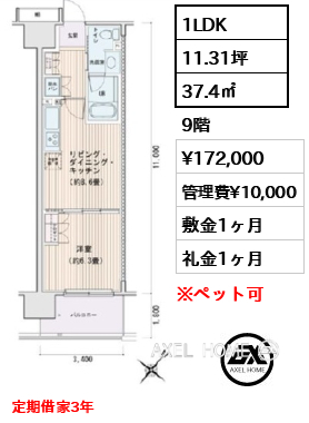 1LDK 37.4㎡  賃料¥172,000 管理費¥10,000 敷金1ヶ月 礼金1ヶ月 定期借家3年