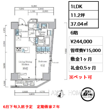 1LDK 37.04㎡  賃料¥244,000 管理費¥15,000 敷金1ヶ月 礼金0.5ヶ月 6月下旬入居予定　定期借家２年