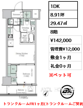 1DK 29.47㎡  賃料¥142,000 管理費¥12,000 敷金1ヶ月 礼金0ヶ月 トランクルームFR1ヶ月(トランクルームご契約の方限定)
