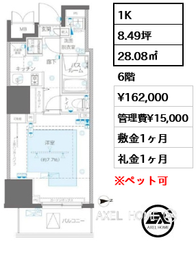 1K 28.08㎡  賃料¥162,000 管理費¥15,000 敷金1ヶ月 礼金1ヶ月