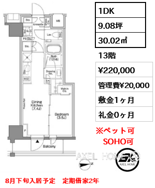 1DK 30.02㎡  賃料¥220,000 管理費¥20,000 敷金1ヶ月 礼金0ヶ月 8月下旬入居予定　定期借家2年