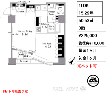 1LDK 50.53㎡  賃料¥225,000 管理費¥10,000 敷金1ヶ月 礼金1ヶ月 8月下旬退去予定