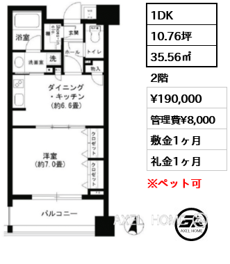 1DK 35.56㎡  賃料¥190,000 管理費¥8,000 敷金1ヶ月 礼金1ヶ月