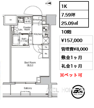 1K 25.09㎡  賃料¥157,000 管理費¥8,000 敷金1ヶ月 礼金1ヶ月