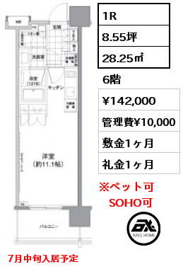 1R 28.25㎡ 6階 賃料¥142,000 管理費¥10,000 敷金1ヶ月 礼金1ヶ月 7月中旬入居予定