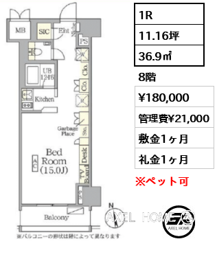 1R 36.9㎡  賃料¥180,000 管理費¥21,000 敷金1ヶ月 礼金1ヶ月 　