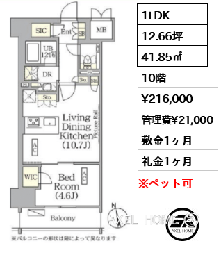 1LDK 41.85㎡  賃料¥216,000 管理費¥21,000 敷金1ヶ月 礼金1ヶ月 　