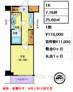 1K 25.66㎡  賃料¥116,000 管理費¥11,000 敷金0ヶ月 礼金1ヶ月 家具・家電付き　9月上旬入居予定