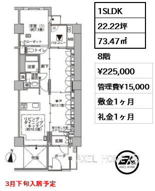 1SLDK 73.47㎡  賃料¥225,000 管理費¥15,000 敷金1ヶ月 礼金1ヶ月 3月下旬入居予定