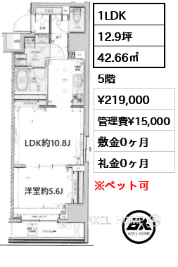 1LDK 42.66㎡  賃料¥219,000 管理費¥15,000 敷金0ヶ月 礼金0ヶ月