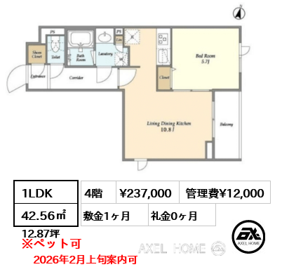 1LDK 42.56㎡  賃料¥237,000 管理費¥12,000 敷金1ヶ月 礼金0ヶ月 2026年2月上旬案内可