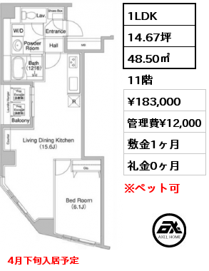 1LDK 48.50㎡ 11階 賃料¥191,000 管理費¥12,000 敷金1ヶ月 礼金0ヶ月 フリーレント1ヶ月