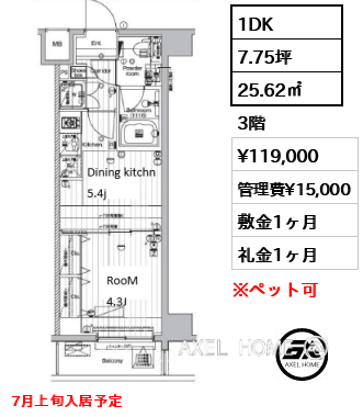 1DK 25.62㎡  賃料¥119,000 管理費¥15,000 敷金1ヶ月 礼金1ヶ月 7月上旬入居予定
