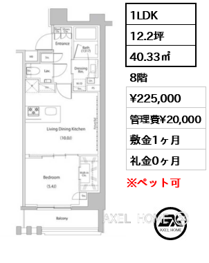 1LDK 40.33㎡  賃料¥225,000 管理費¥20,000 敷金1ヶ月 礼金0ヶ月