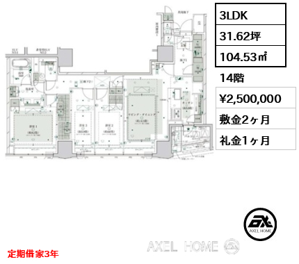 3LDK 104.53㎡  賃料¥2,500,000 敷金2ヶ月 礼金1ヶ月 定期借家3年