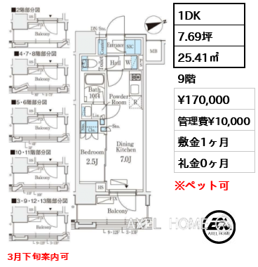 1DK 25.41㎡  賃料¥170,000 管理費¥10,000 敷金1ヶ月 礼金0ヶ月 3月下旬案内可