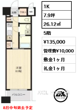 1K 26.12㎡  賃料¥135,000 管理費¥10,000 敷金1ヶ月 礼金1ヶ月 8月中旬退去予定