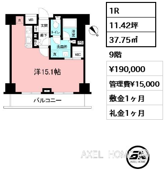 1R 37.75㎡  賃料¥190,000 管理費¥15,000 敷金1ヶ月 礼金1ヶ月