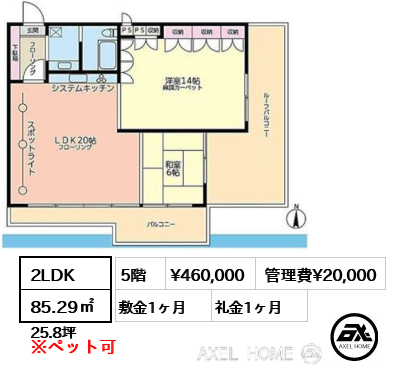 2LDK 85.29㎡  賃料¥460,000 管理費¥20,000 敷金1ヶ月 礼金1ヶ月