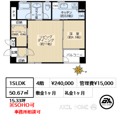 1SLDK 50.67㎡  賃料¥240,000 管理費¥15,000 敷金1ヶ月 礼金1ヶ月 事務所相談可