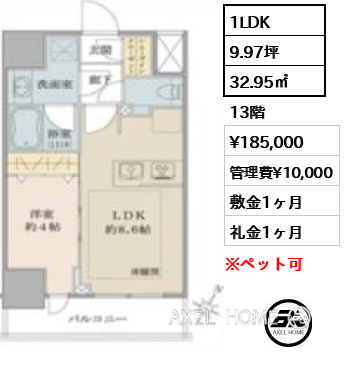 1LDK 32.95㎡  賃料¥185,000 管理費¥10,000 敷金1ヶ月 礼金1ヶ月