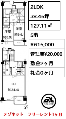 2LDK 127.11㎡ 5階 賃料¥615,000 管理費¥20,000 敷金2ヶ月 礼金0ヶ月 メゾネット　FR1ヶ月