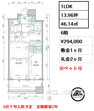 1LDK 46.14㎡  賃料¥294,000 敷金1ヶ月 礼金2ヶ月 5月下旬入居予定　定期借家2年