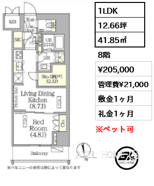 1LDK 41.85㎡  賃料¥205,000 管理費¥21,000 敷金1ヶ月 礼金1ヶ月 　