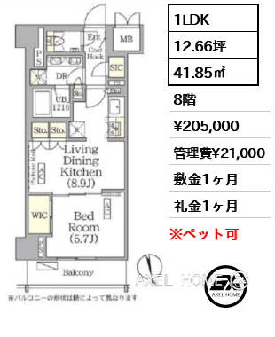 1LDK 41.85㎡  賃料¥205,000 管理費¥21,000 敷金1ヶ月 礼金1ヶ月 　