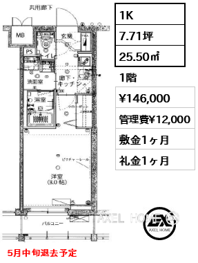 1K 25.50㎡  賃料¥146,000 管理費¥12,000 敷金1ヶ月 礼金1ヶ月 5月中旬退去予定