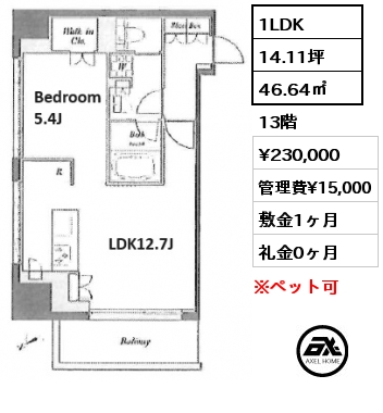 1LDK 46.64㎡ 13階 賃料¥230,000 管理費¥15,000 敷金1ヶ月 礼金0ヶ月 5/1退去予定　