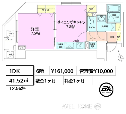 1DK 41.52㎡  賃料¥161,000 管理費¥10,000 敷金1ヶ月 礼金1ヶ月