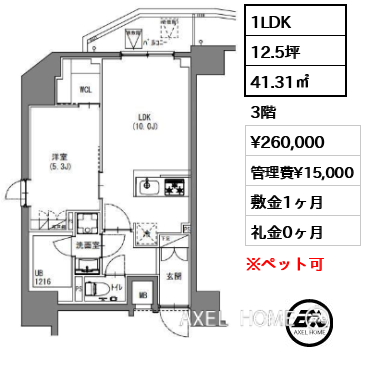 1LDK 41.31㎡  賃料¥255,000 管理費¥15,000 敷金1ヶ月 礼金0ヶ月