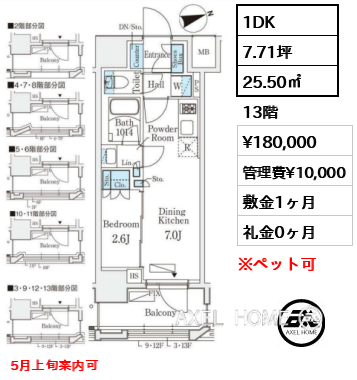 1DK 25.50㎡  賃料¥180,000 管理費¥10,000 敷金1ヶ月 礼金0ヶ月 5月上旬案内可