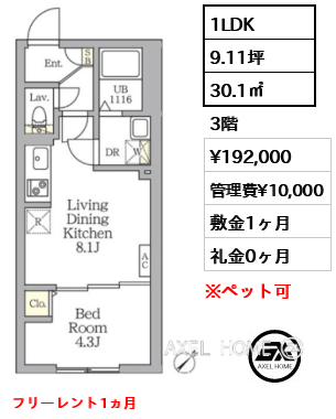 1LDK 30.1㎡  賃料¥192,000 管理費¥10,000 敷金1ヶ月 礼金0ヶ月 フリーレント1ヵ月