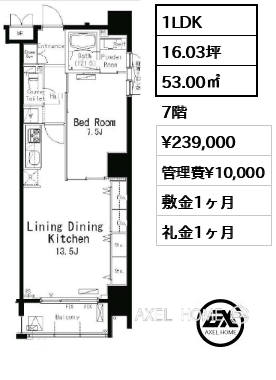1LDK 53.00㎡  賃料¥239,000 管理費¥10,000 敷金1ヶ月 礼金1ヶ月