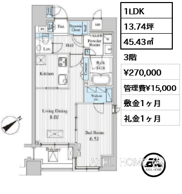 1LDK 45.43㎡  賃料¥300,000 管理費¥15,000 敷金1ヶ月 礼金1ヶ月