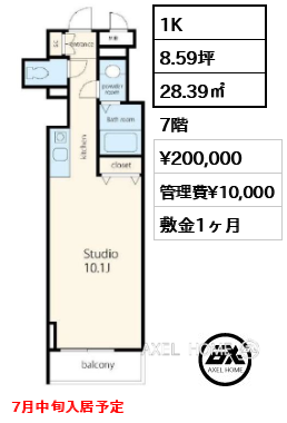1K 28.39㎡  賃料¥200,000 管理費¥10,000 敷金1ヶ月 7月中旬入居予定