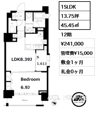 1SLDK 45.45㎡  賃料¥241,000 管理費¥15,000 敷金1ヶ月 礼金0ヶ月 11月下旬案内可