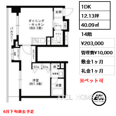 1DK 40.09㎡  賃料¥203,000 管理費¥10,000 敷金1ヶ月 礼金1ヶ月 6月下旬退去予定