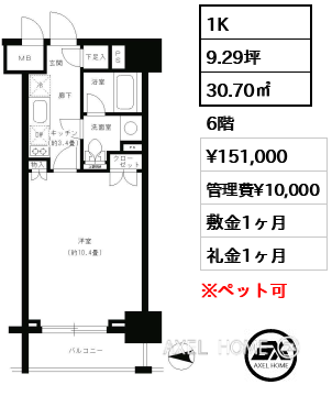 1K 30.70㎡  賃料¥151,000 管理費¥10,000 敷金1ヶ月 礼金1ヶ月 　