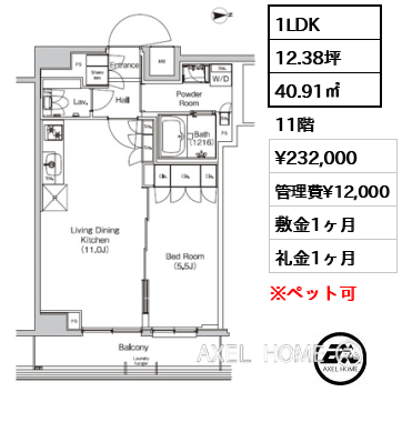 1LDK 40.91㎡  賃料¥232,000 管理費¥12,000 敷金1ヶ月 礼金1ヶ月