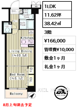 1LDK 38.42㎡  賃料¥166,000 管理費¥10,000 敷金1ヶ月 礼金1ヶ月 8月上旬退去予定