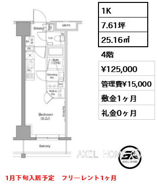 1K 25.16㎡  賃料¥125,000 管理費¥15,000 敷金1ヶ月 礼金0ヶ月 1月下旬入居予定　フリーレント1ヶ月