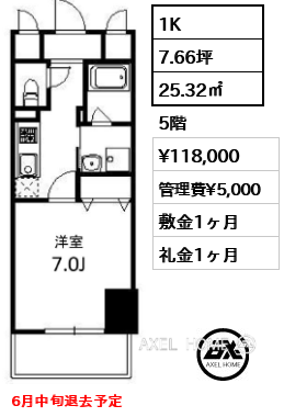 1K 25.32㎡  賃料¥118,000 管理費¥5,000 敷金1ヶ月 礼金1ヶ月 6月中旬退去予定