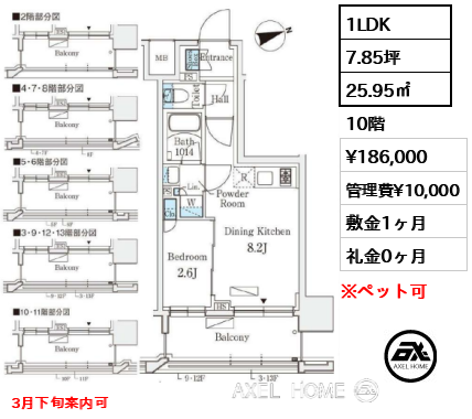 1LDK 25.95㎡  賃料¥186,000 管理費¥10,000 敷金1ヶ月 礼金0ヶ月 3月下旬案内可